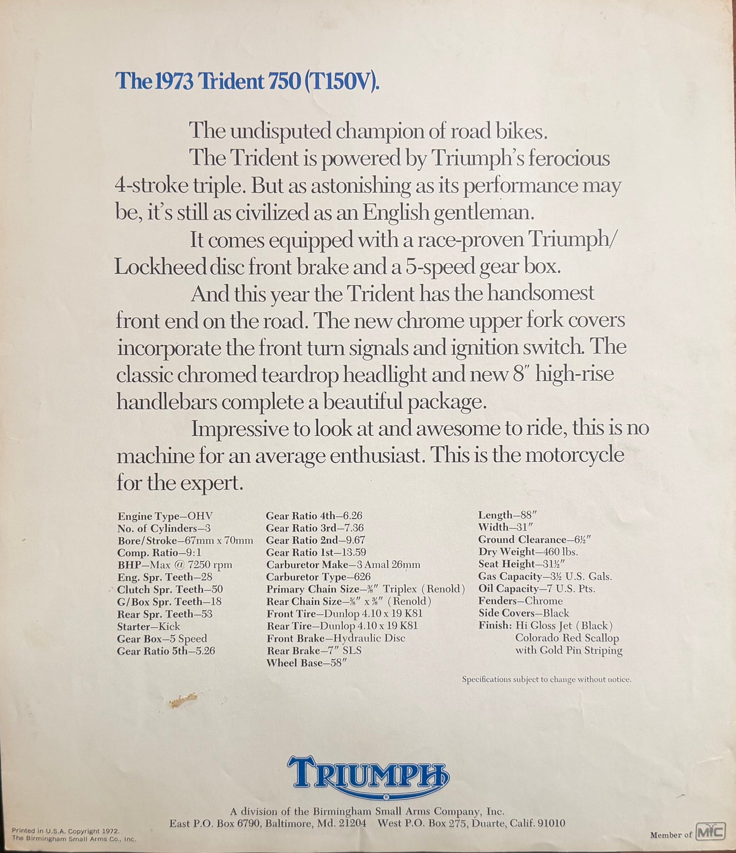 Triumph Motorcycles 1973 Trident 750 Pamphlet