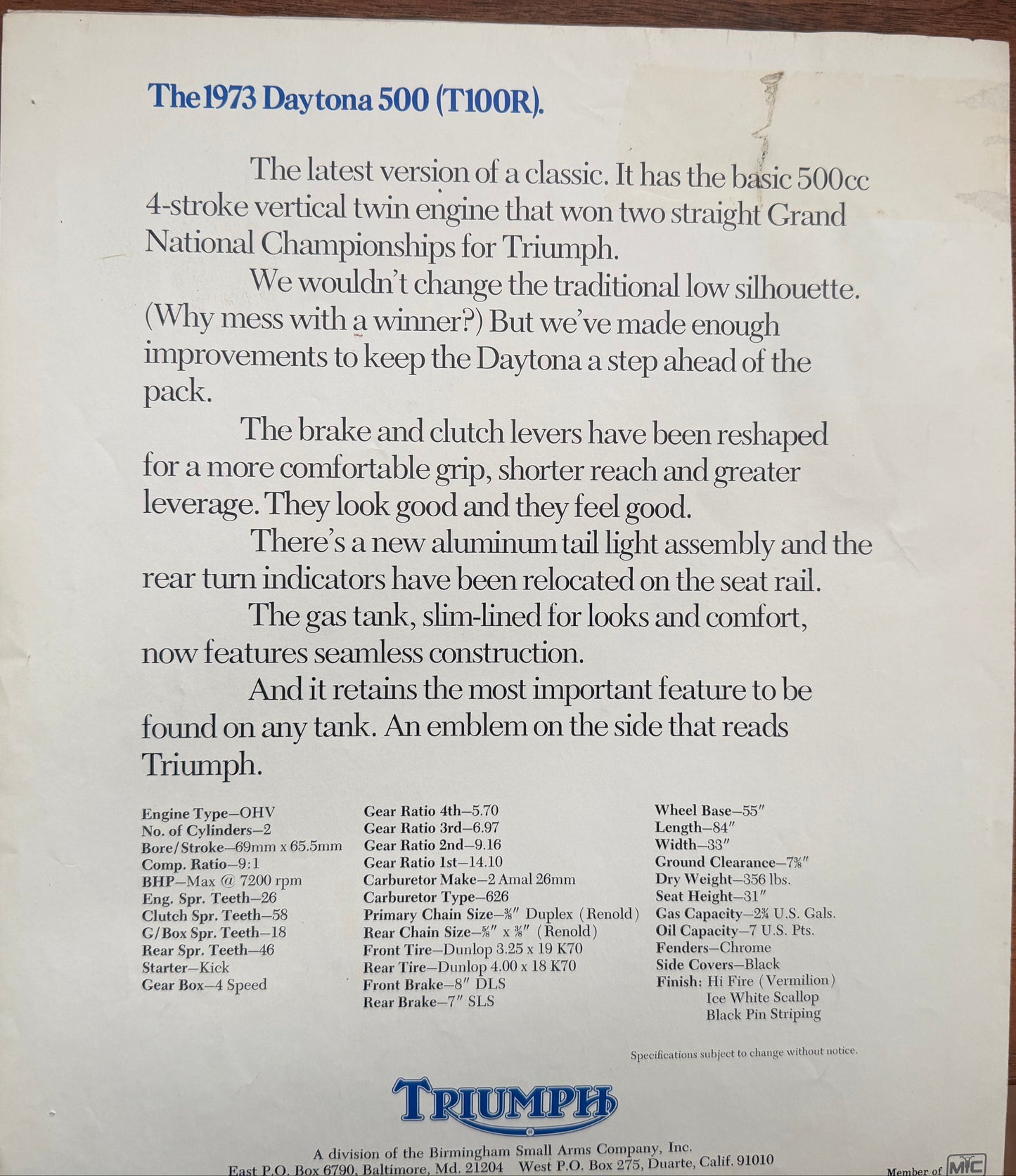 Triumph Motorcycles 1973 Daytona 500 (T100R)